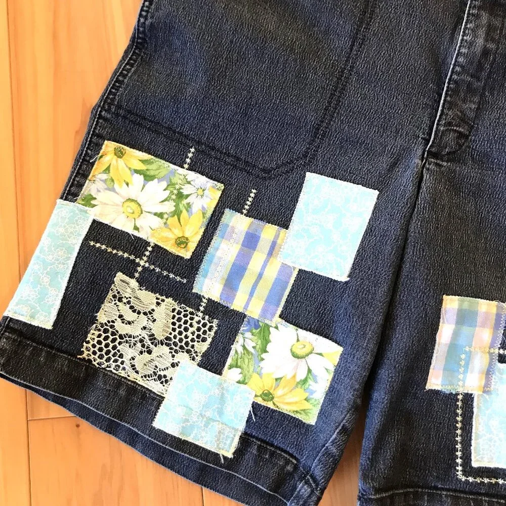Boho Patchwork Jean Shorts Upcycled Denim Decorative Stitching Women's Size 14